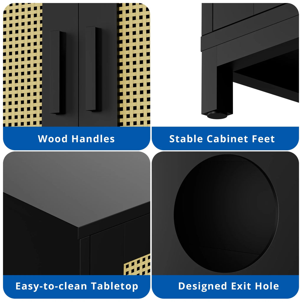 Cozy Castle Hidden Cat Litter Box Enclosure, Rattan Cat Litter Box Furniture with Doors, Indoor Cat House for Large Cats, Wood Pet Washroom, Pet Cabinet Furniture as TV Stand, Storage Cabinet, Black