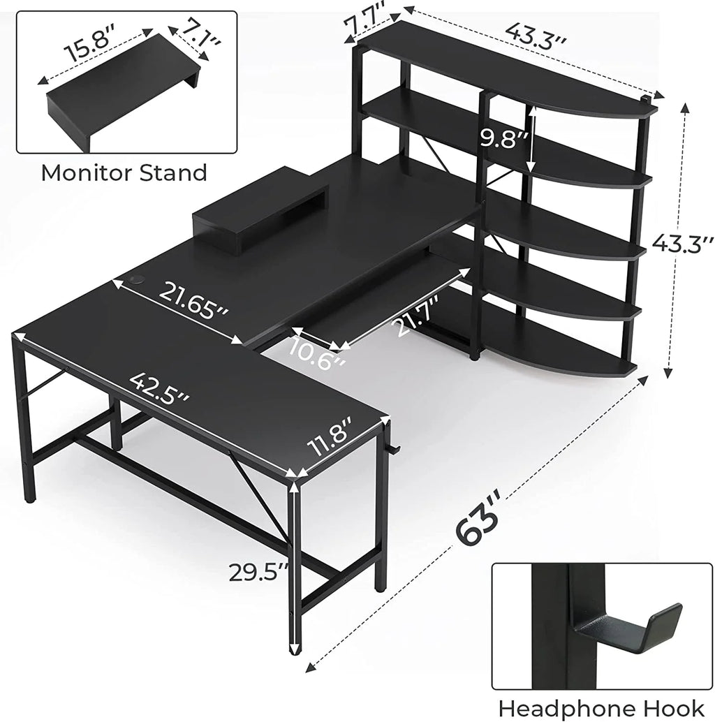U-SHARE  L Shaped Computer Desk, 63'' Desk with Storage Shelves, Keyboard Tray, Monitor Stand and Headphone Hook, Corner Gaming Desk with LED Lights,