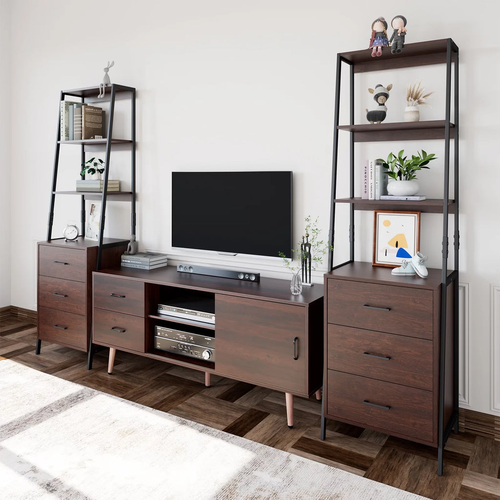 Homfa 3 Drawers Ladder Bookshelf, 3 Tier Open Storage Shelves for Office Living Room, Rustic Brown